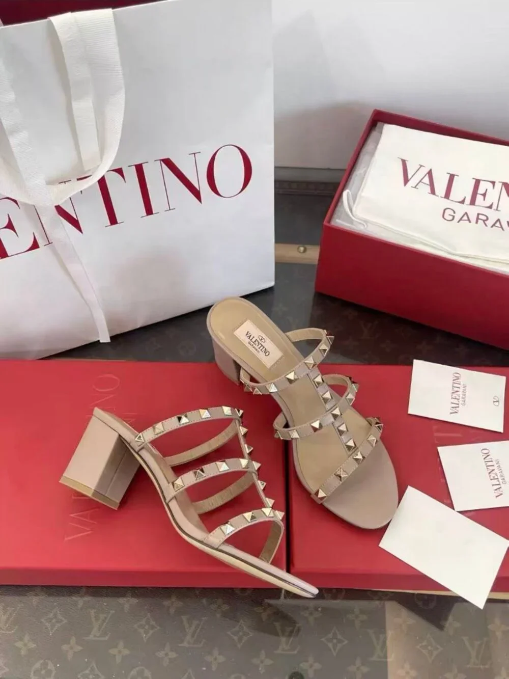 Valentino Rockstud Nude Leather Block‑Heel Slide Sandals